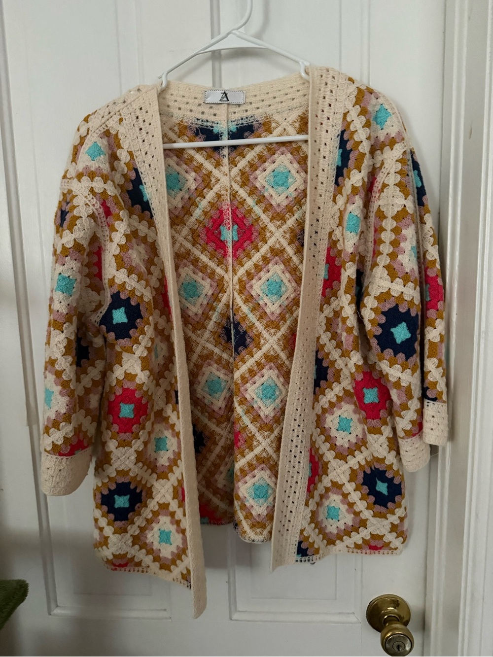 New-Boutique Crochet Open Cardigan with Multicolor Geometric Pattern